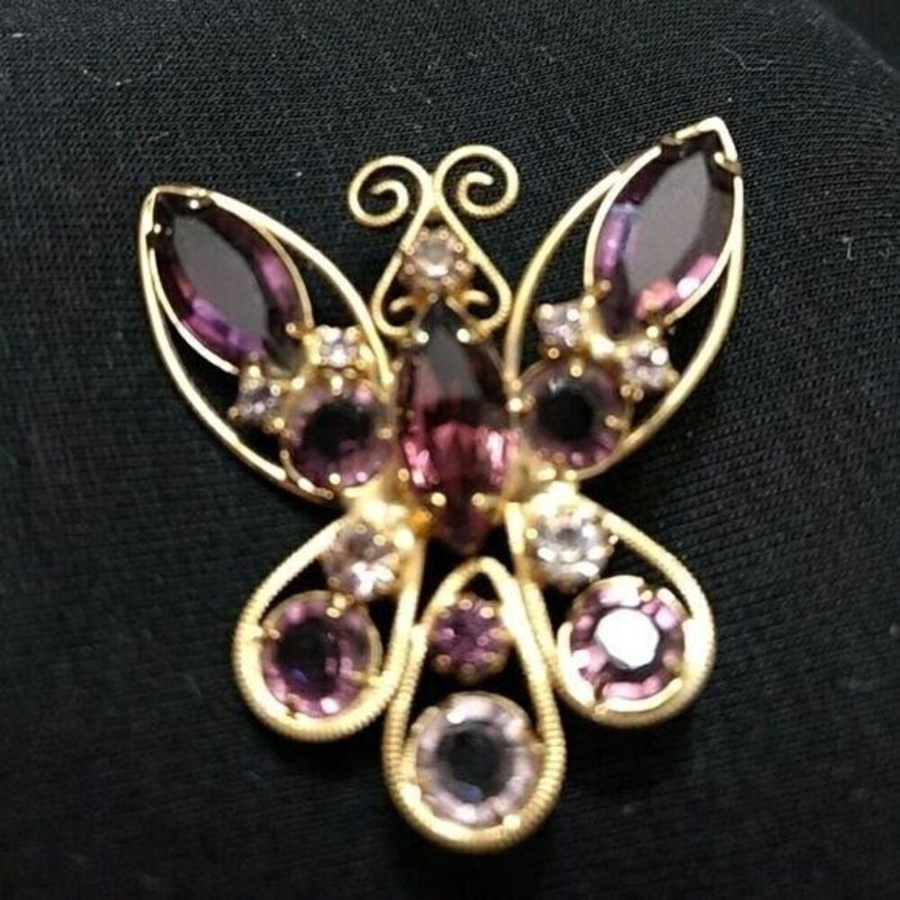 Gold tone purple abstract butterfly brooch